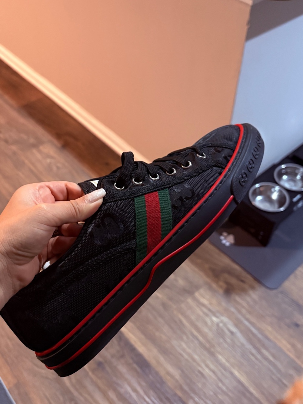 Black Low-Top Canvas Sneakers with Red & Green Stripe
